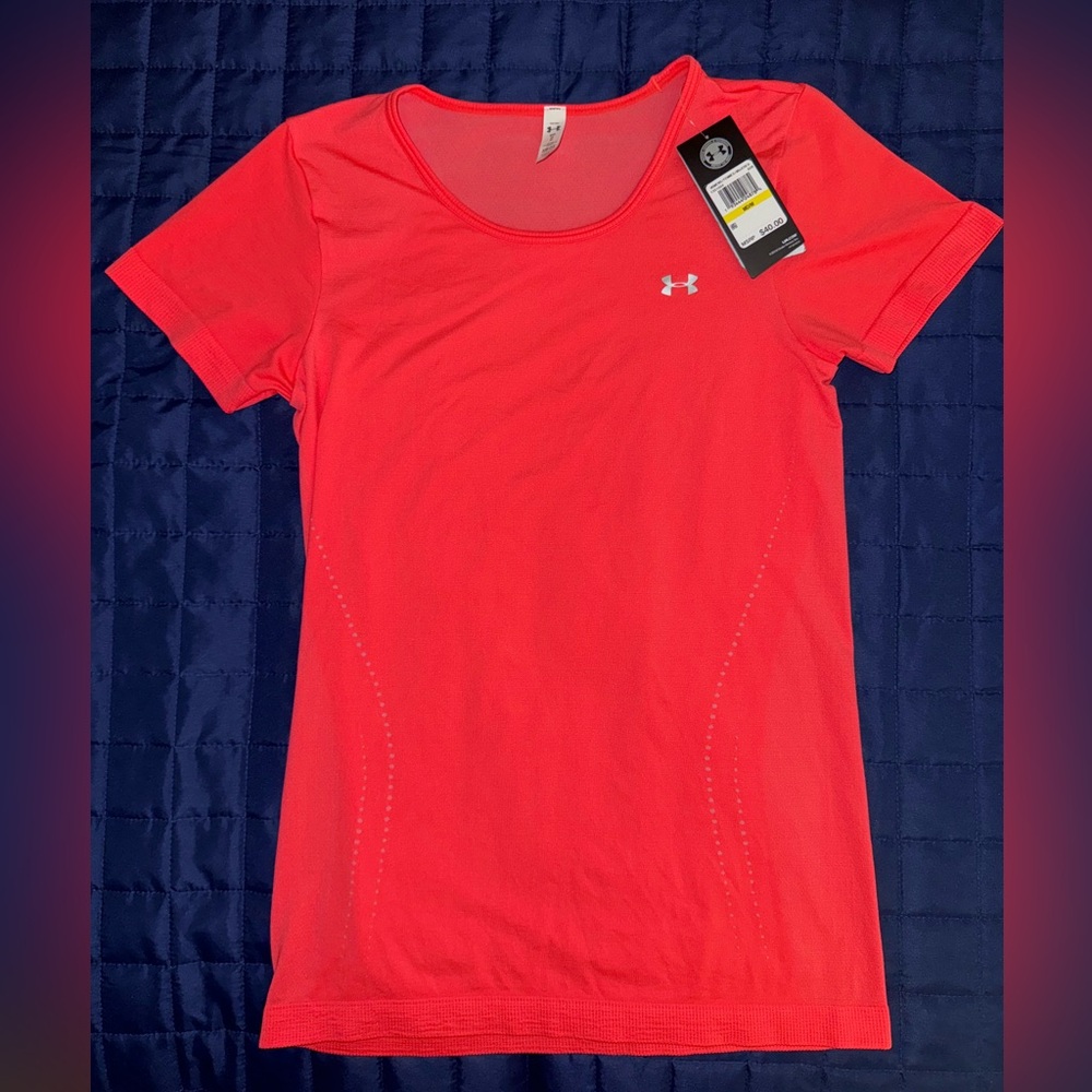 Under Armour Womens Fitted Heat Gear Activewear Shirt Orange Red Pink